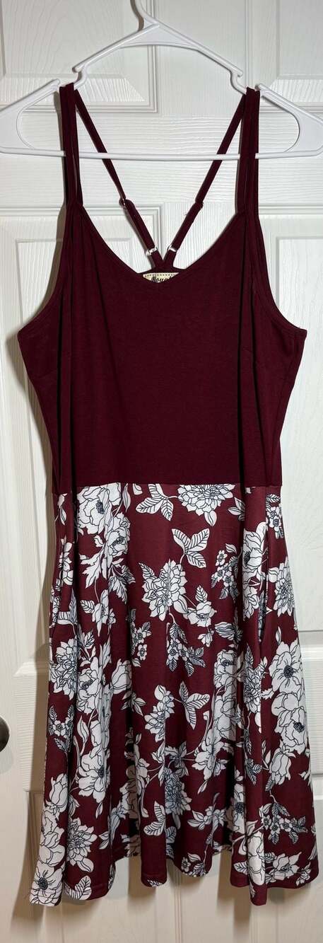 Moyabo Maroon Floral Print w Pockets Empire Waist Shoulder Strap Knit Dress - XL
